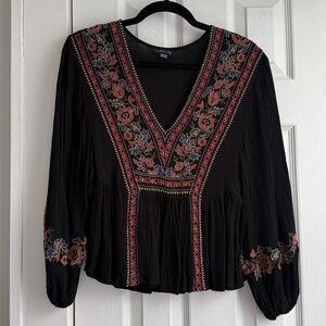 American Eagle Outfitters Black Boho Embroidered V-Neck Blouse